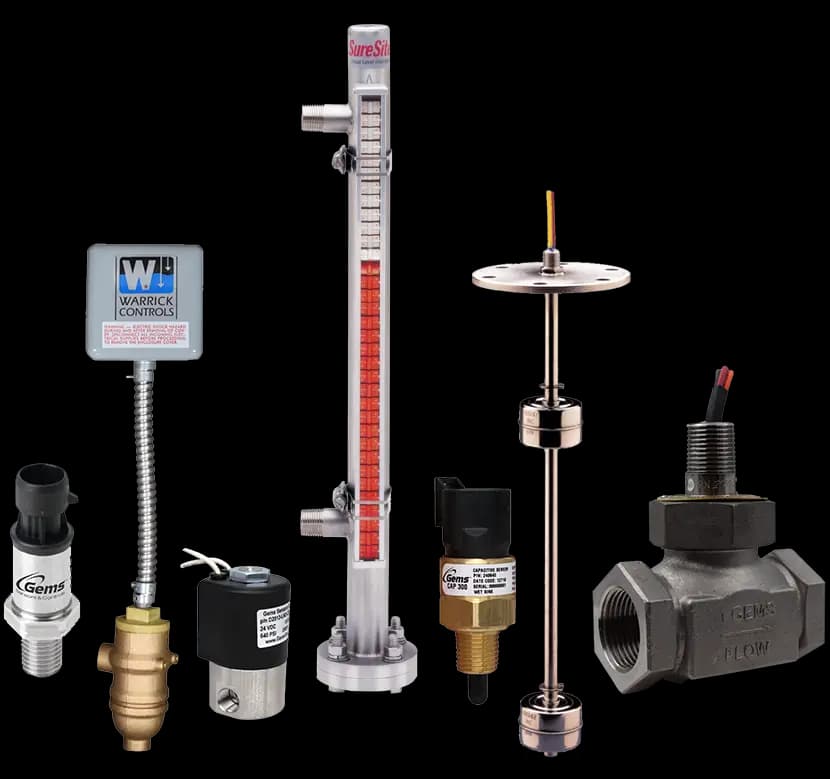 Industrial fluid control components including pressure sensors, solenoid valves, level indicators, and flow switches by Gems Sensors and Warwick Controls